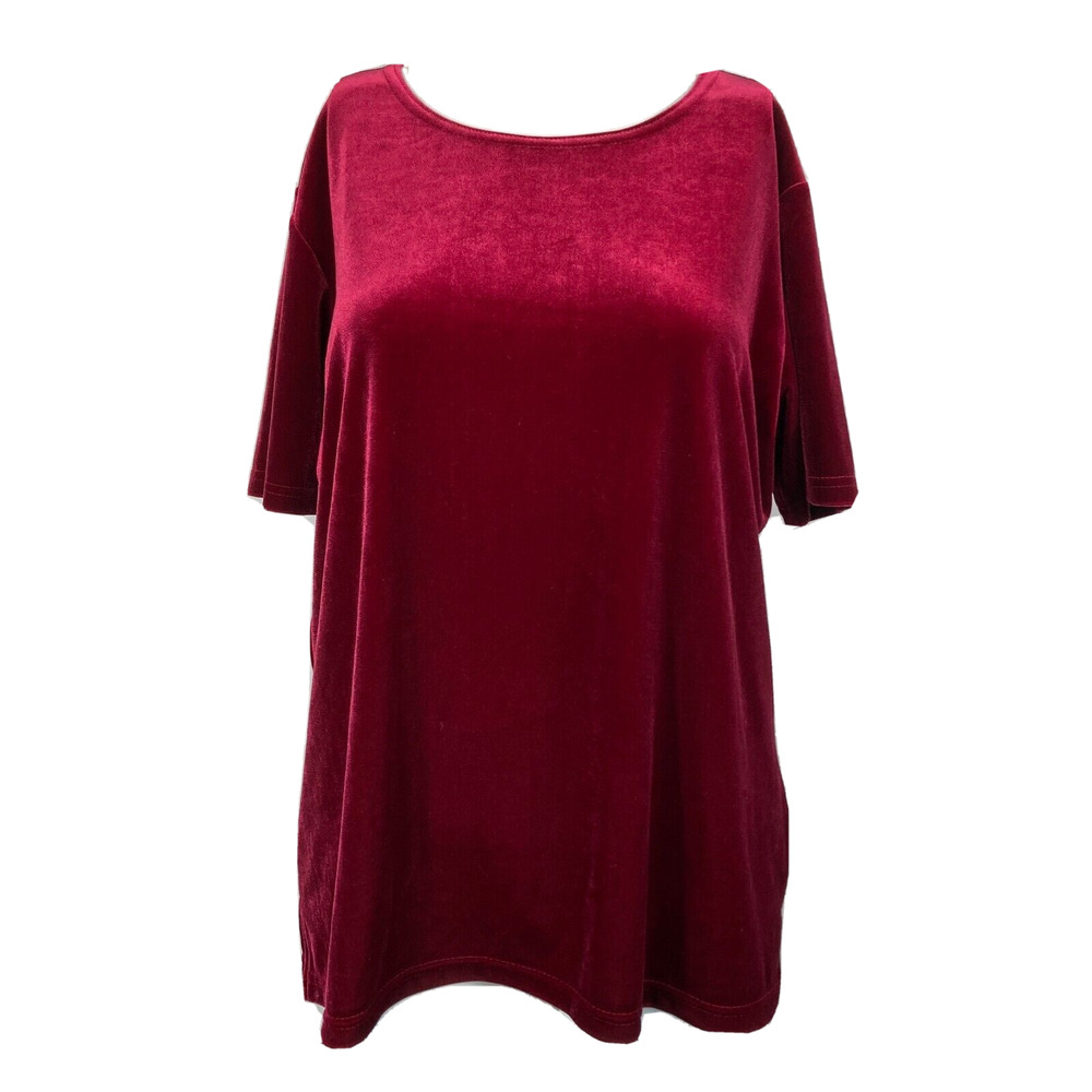 Jessica Holbrook Shirt Women M Vintage Burgundy Red Velvet Stretch‎ Short Sleeve